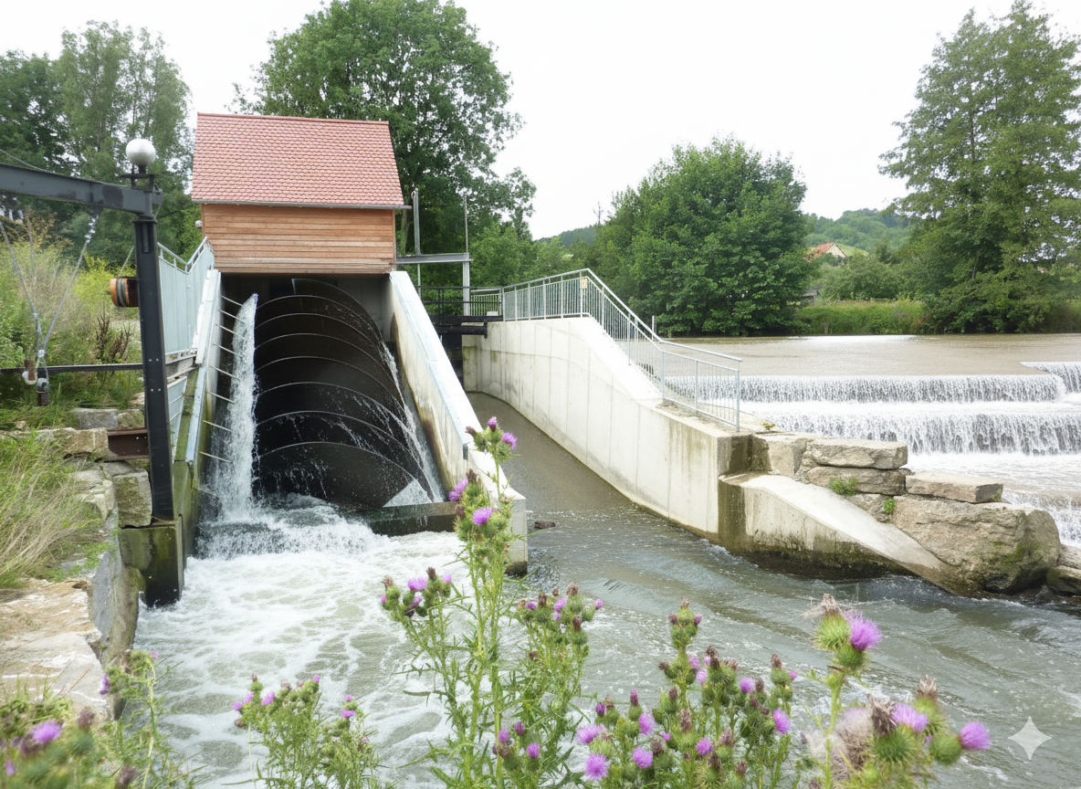 Moderne Wasserkraftschnecke am Tauberwehr